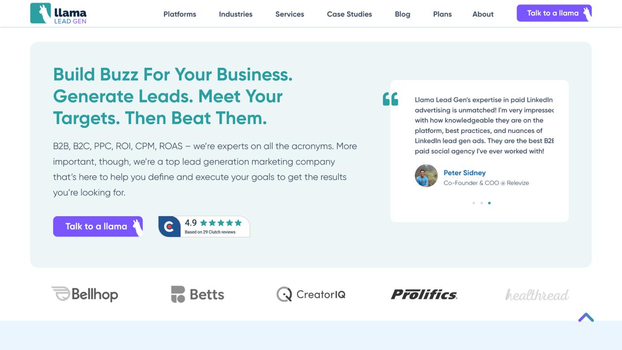 Llama Lead Gen homepage showcasing AMA management and paid reddit advertising services for B2B lead generation campaigns