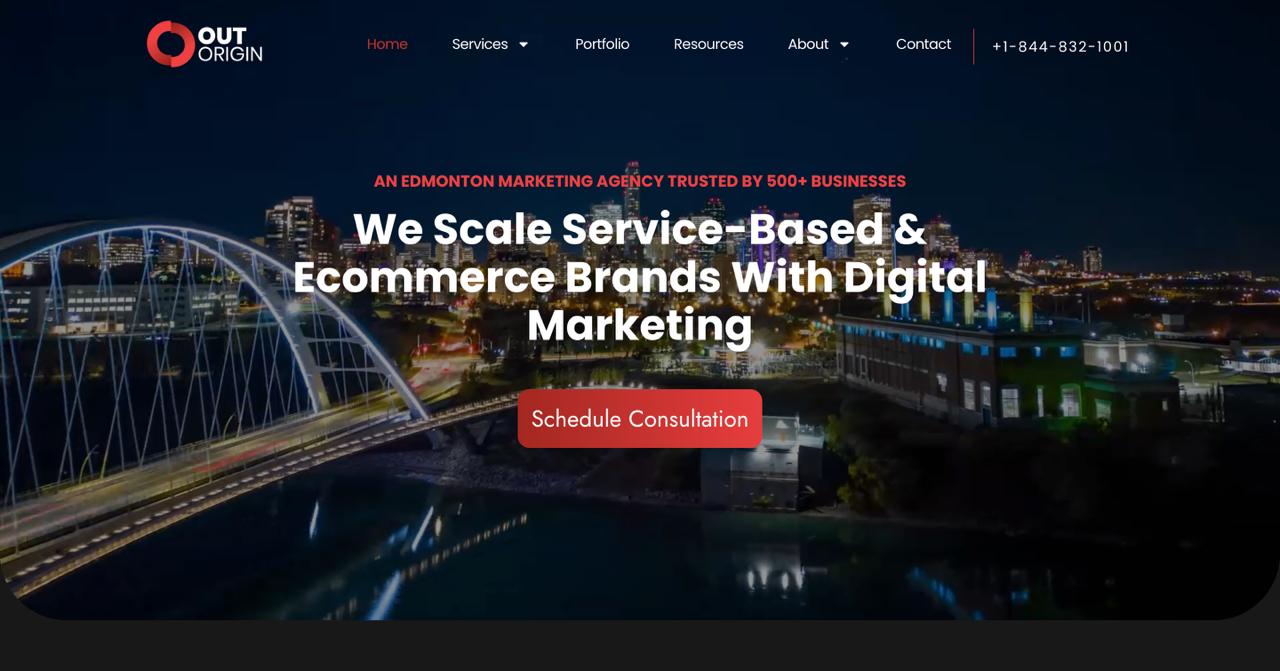 Out Origin homepage displaying full-stack reddit marketing agency services including reputation management and organic engagement strategies
