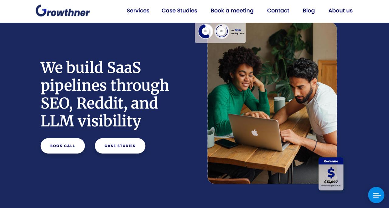 Growthner homepage presenting reddit marketing services for SaaS startups with karma building and LLM visibility optimization