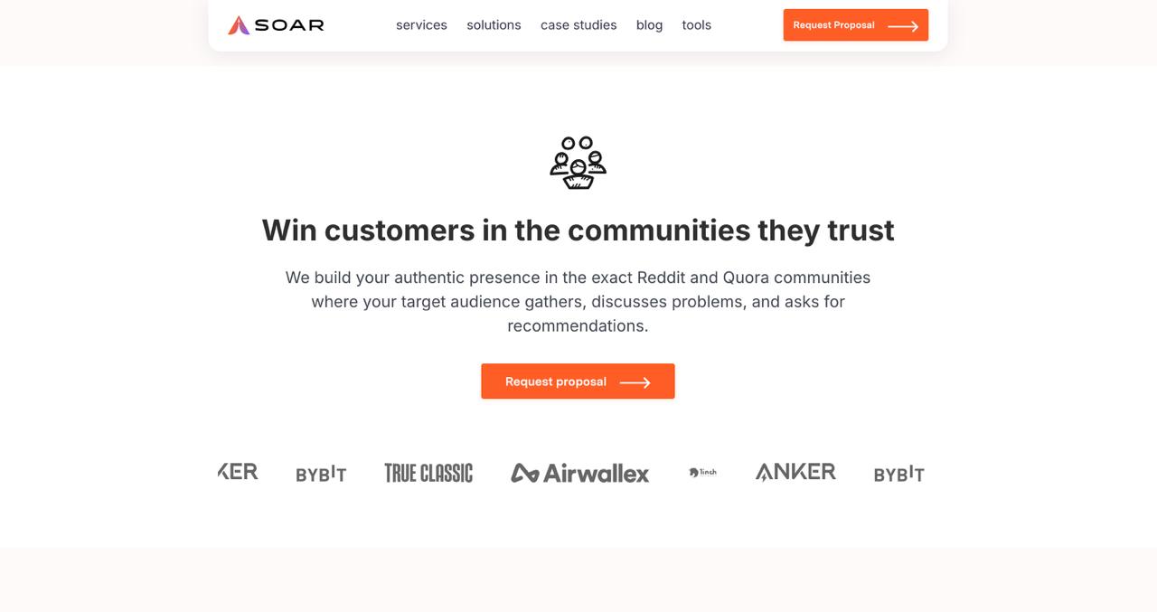 Soar Agency homepage highlighting reddit marketing agency solutions for small businesses with subreddit targeting and SEO integration