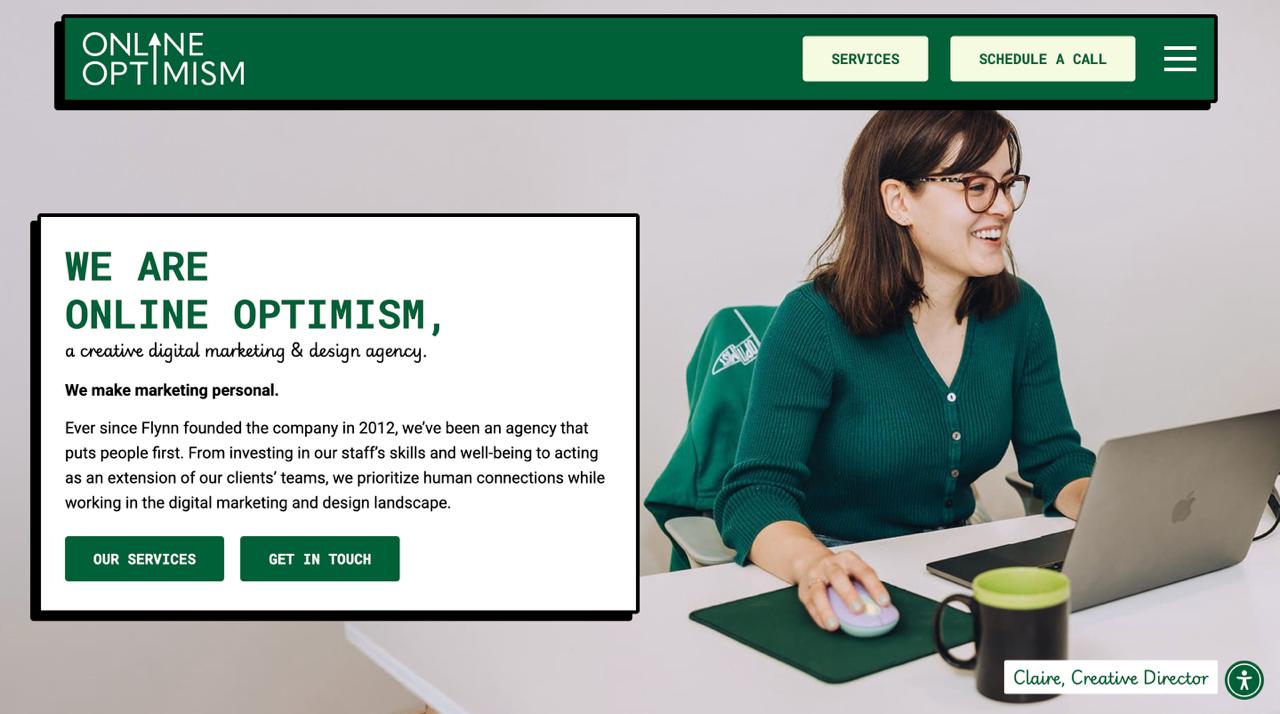 Online Optimism homepage featuring conversation-first reddit marketing services with paid advertising and community engagement for mid-market brands