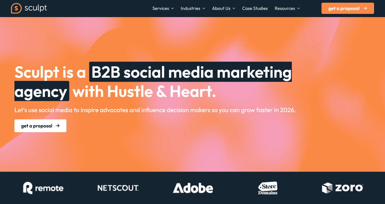 Sculpt homepage showcasing B2B reddit marketing agency expertise with subreddit analysis and community management for enterprise clients