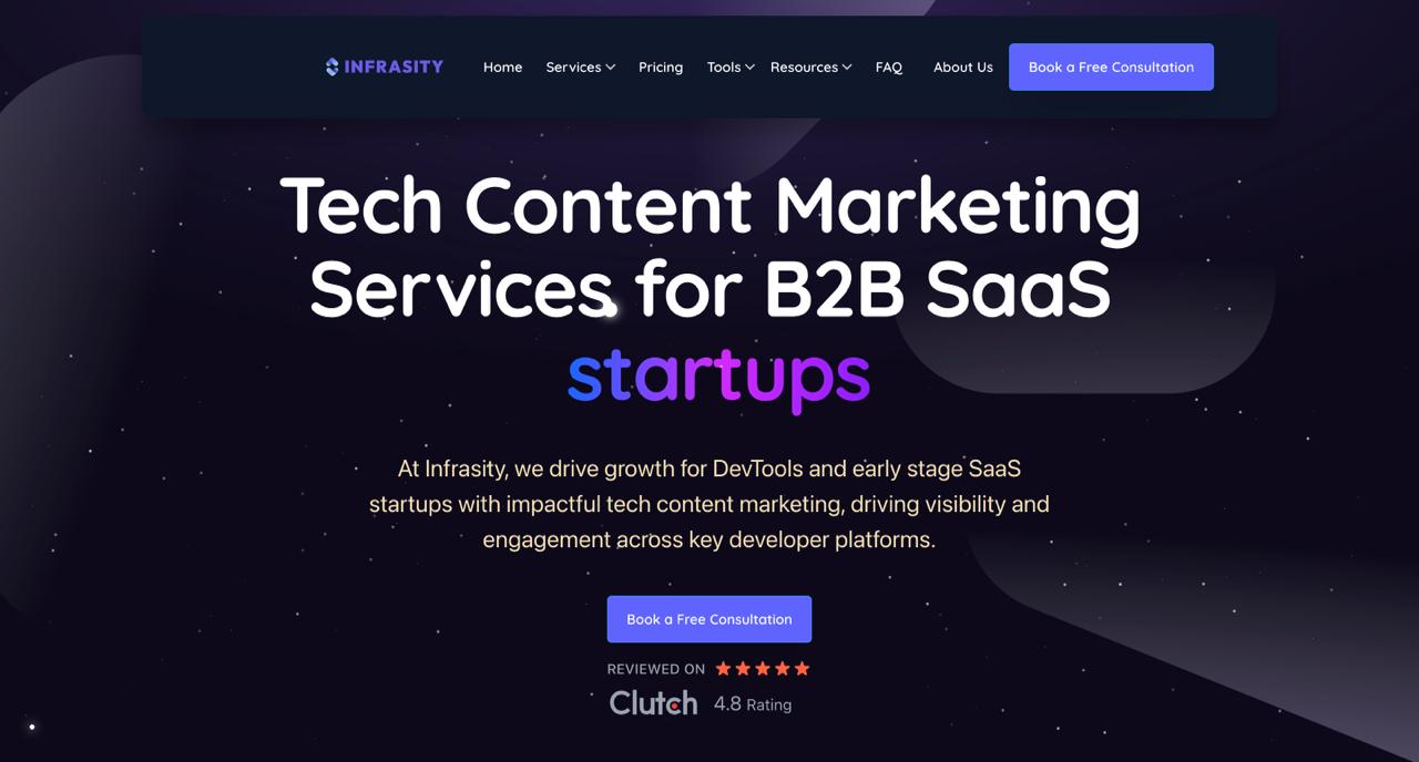 Infrasity homepage displaying reddit marketing services for B2B SaaS startups featuring organic engagement and community building strategies