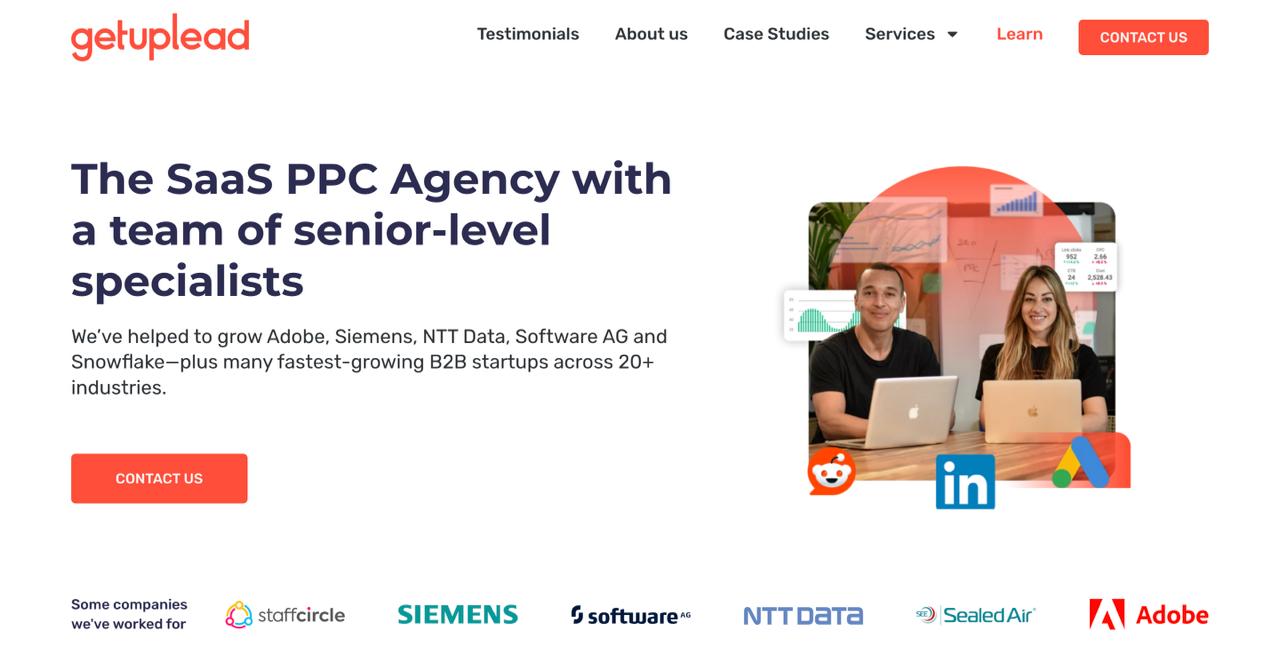 Getuplead homepage presenting reddit marketing agency services with paid campaign management and conversion optimization for SaaS companies