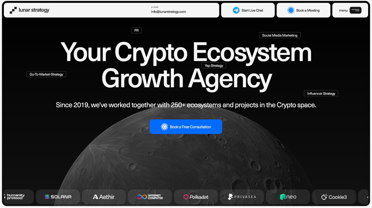 Lunar Strategy homepage featuring Web3 growth marketing and Discord community building services for blockchain projects