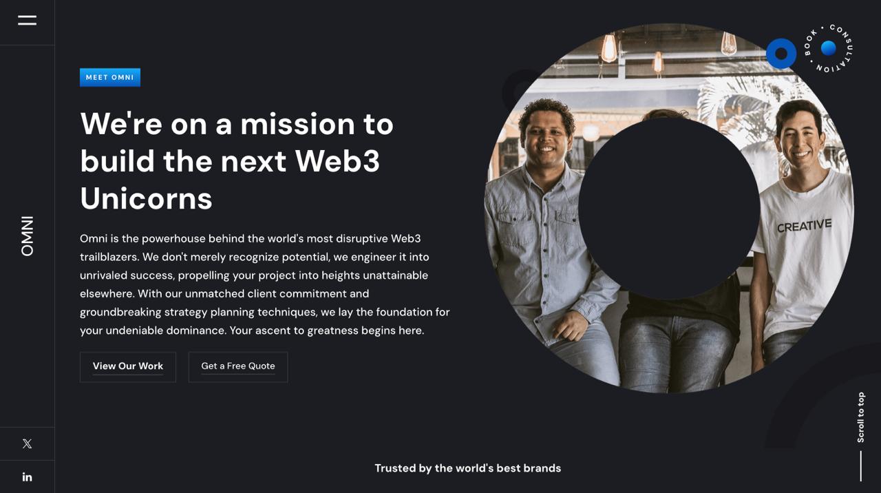 Omni Agency homepage highlighting guerrilla marketing tactics and community management for NFT and blockchain gaming projects