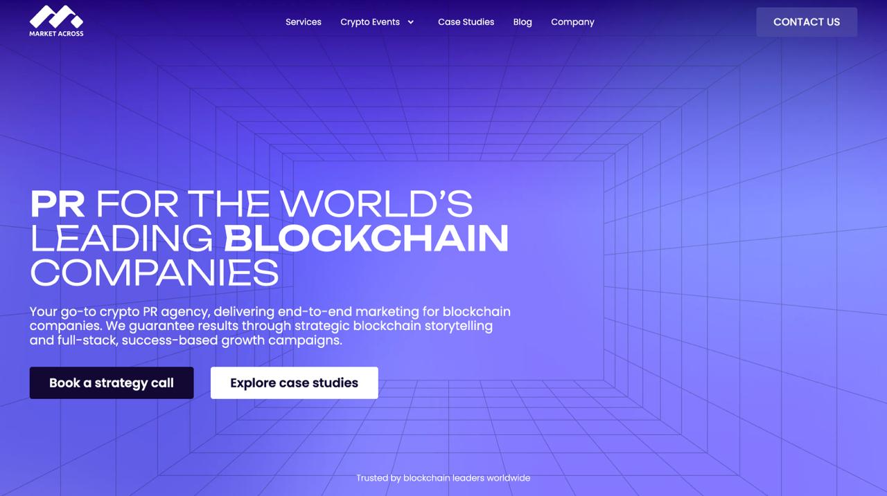 MarketAcross homepage featuring integrated public relations and community reputation management for Web3 enterprises