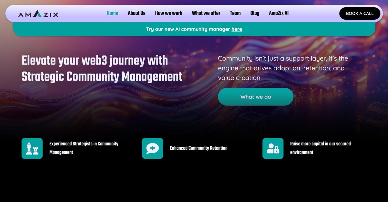 AmaZix homepage displaying specialized Telegram moderation and crypto community building services since 2017