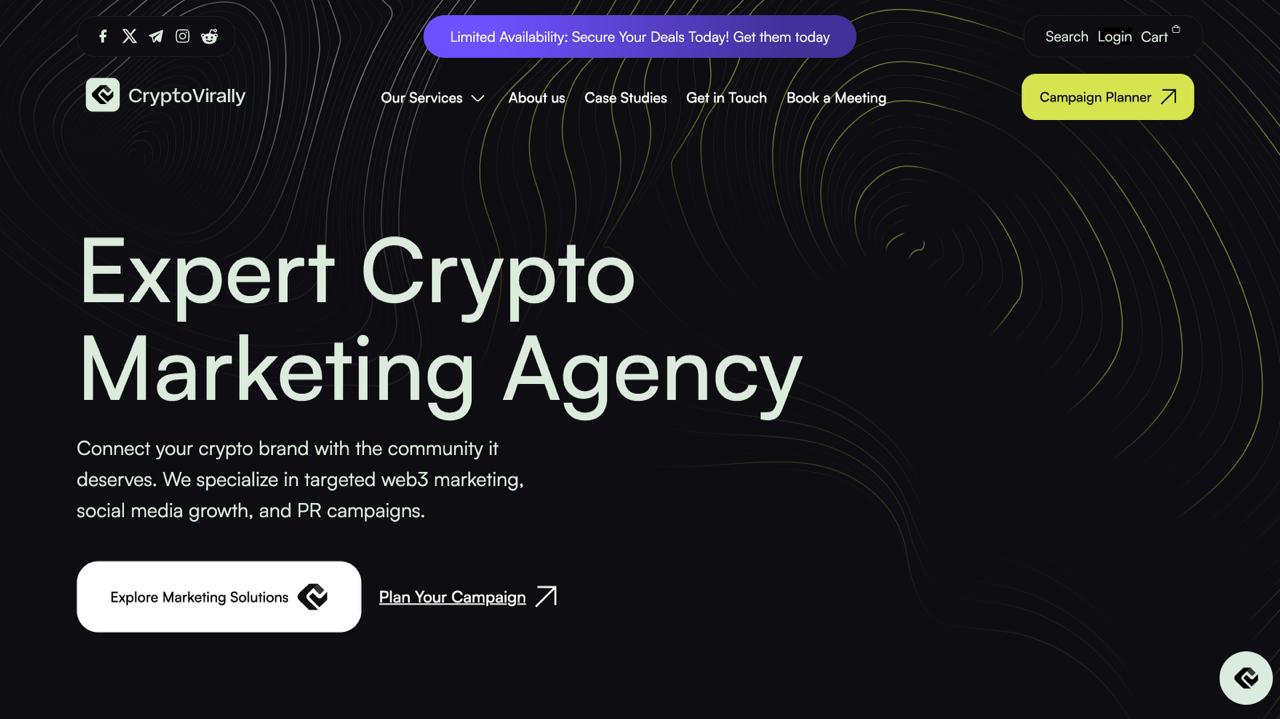 CryptoVirally homepage featuring influencer marketing and community management services for blockchain and DeFi projects