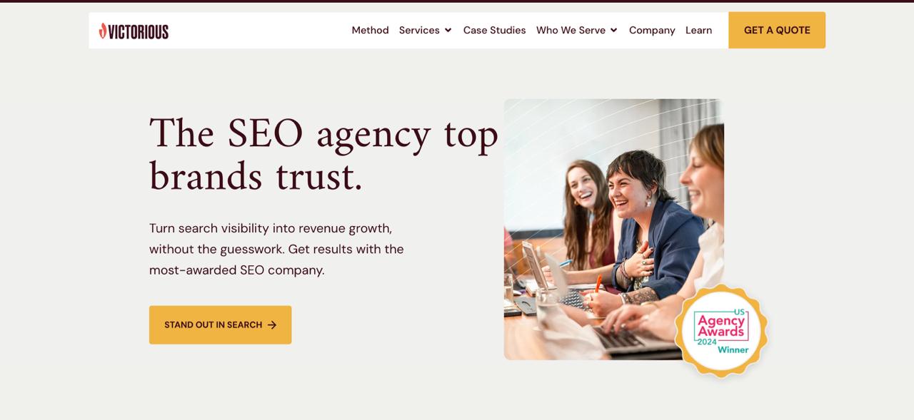 Victorious homepage presenting revenue-focused AI SEO strategies and answer engine optimization services