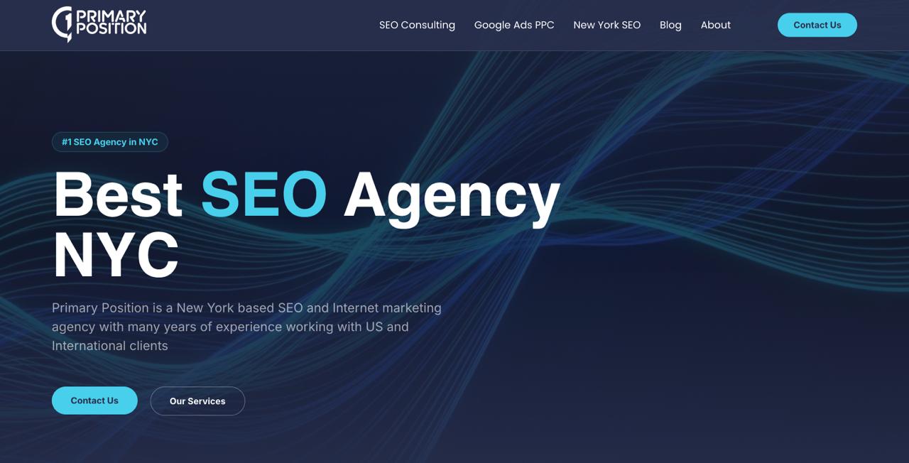 Primary Position homepage featuring advanced AI and LLM-focused SEO services for B2B technology companies in Manhattan