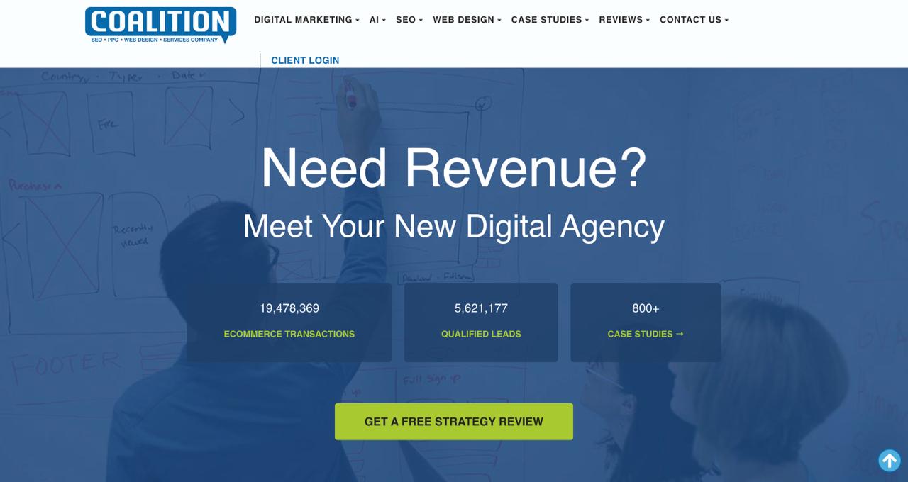 Coalition Technologies homepage displaying integrated AI SEO New York services with web design and conversion optimization