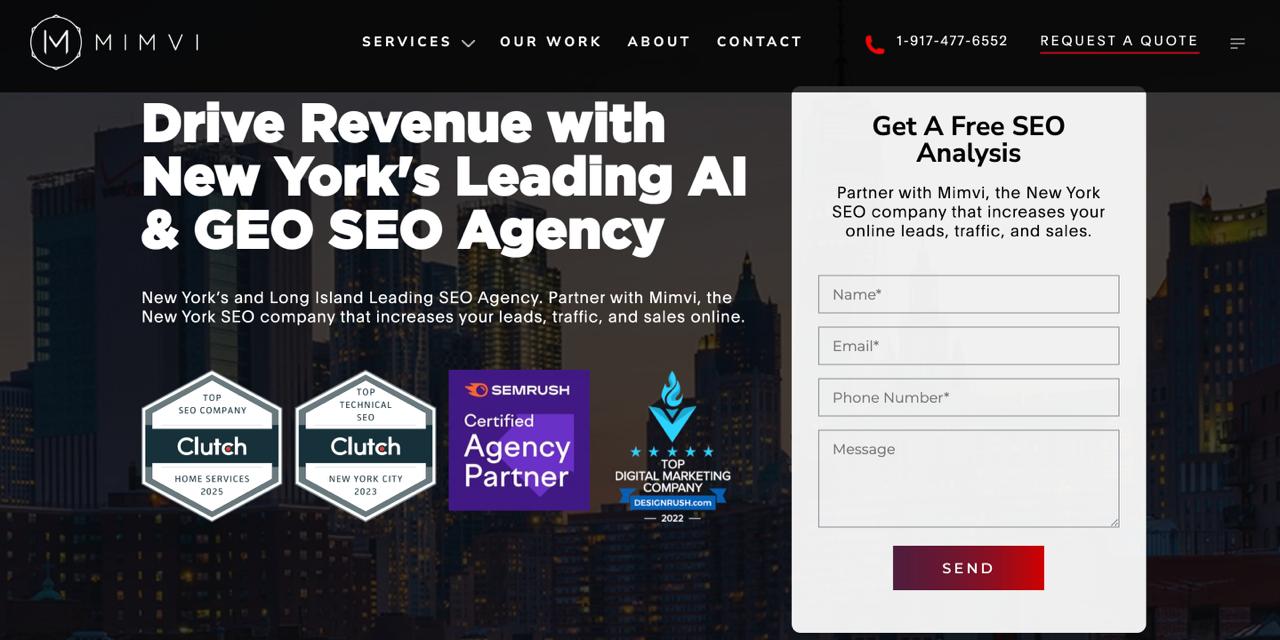 Mimvi homepage showcasing GEO optimization and LLM-driven search strategies for New York businesses