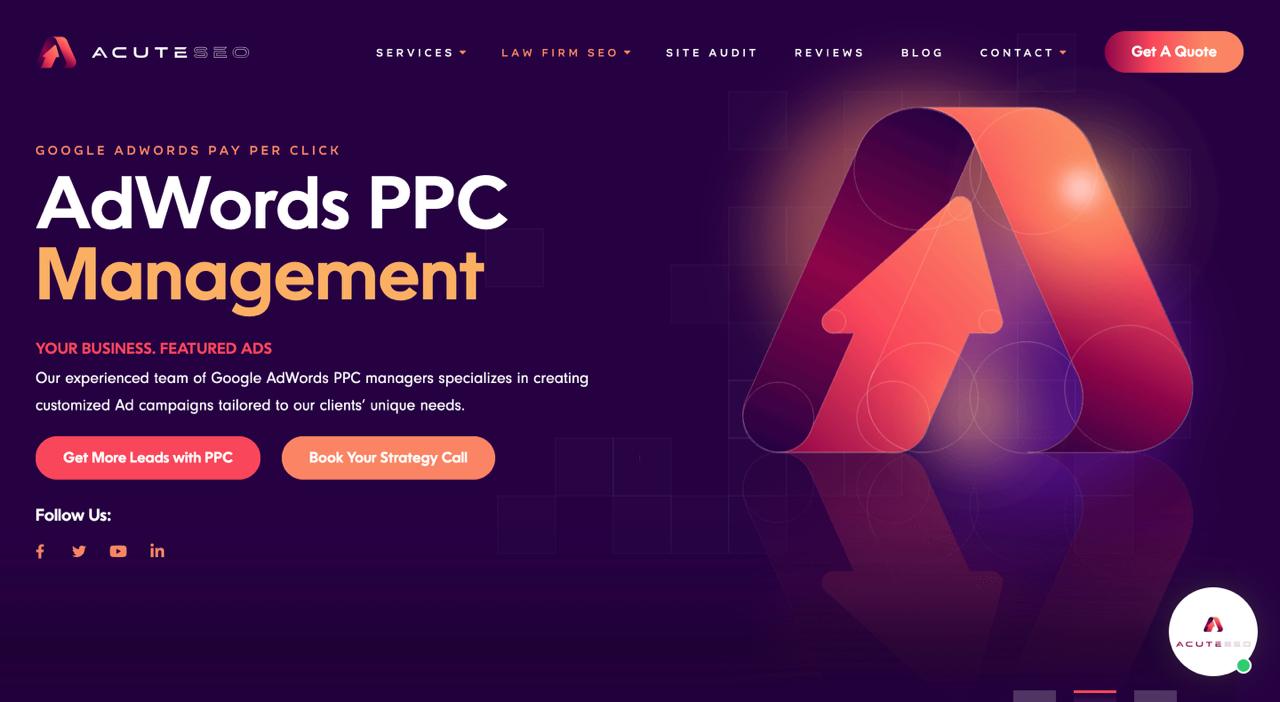Acute SEO homepage featuring AI-powered SEO tools and answer engine optimization for law firms and home services