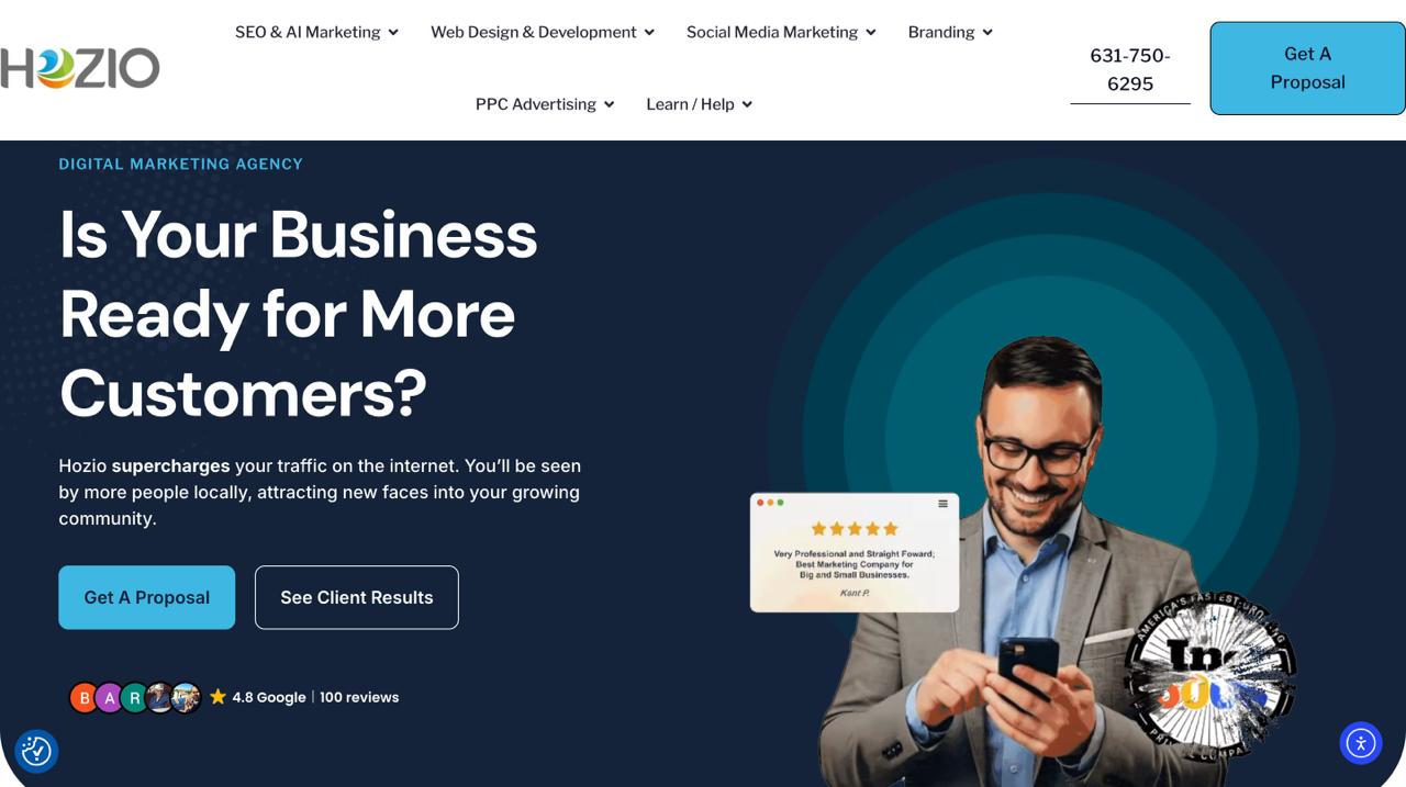 Hozio homepage displaying local AI-driven SEO services and neighborhood-level optimization across New York City