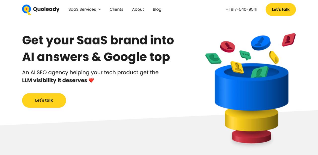 الصفحة الرئيسية لوكالة Quoleady التي تقدم خدمات تحسين LLM واستراتيجية المحتوى لشركات B2B SaaS