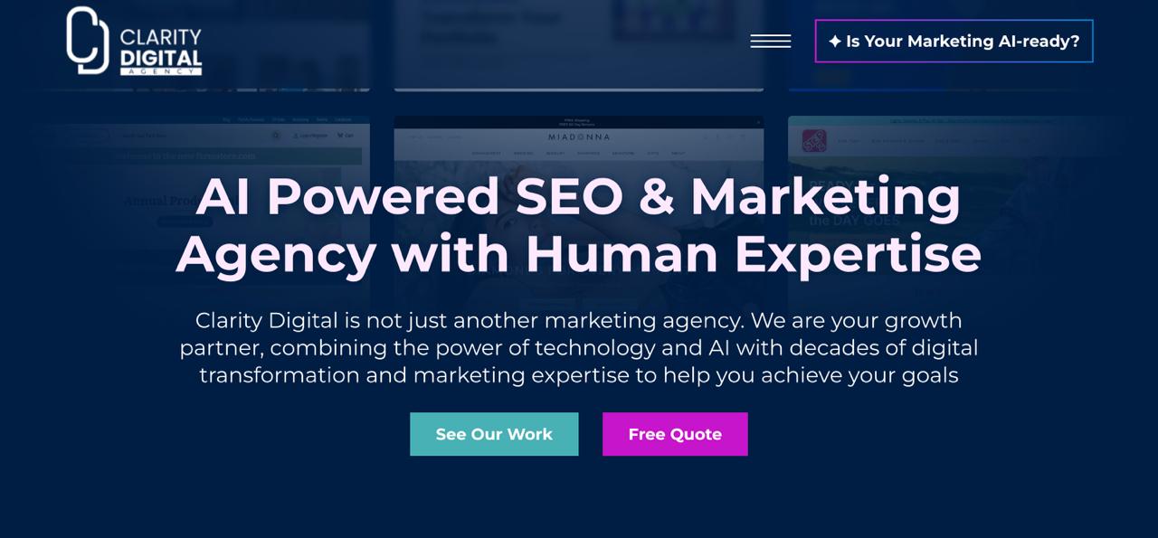 الصفحة الرئيسية لوكالة Clarity Digital Agency التي تسلط الضوء على خدمات تحسين البحث بالذكاء الاصطناعي لعملاء الرعاية الصحية وعملاء B2B