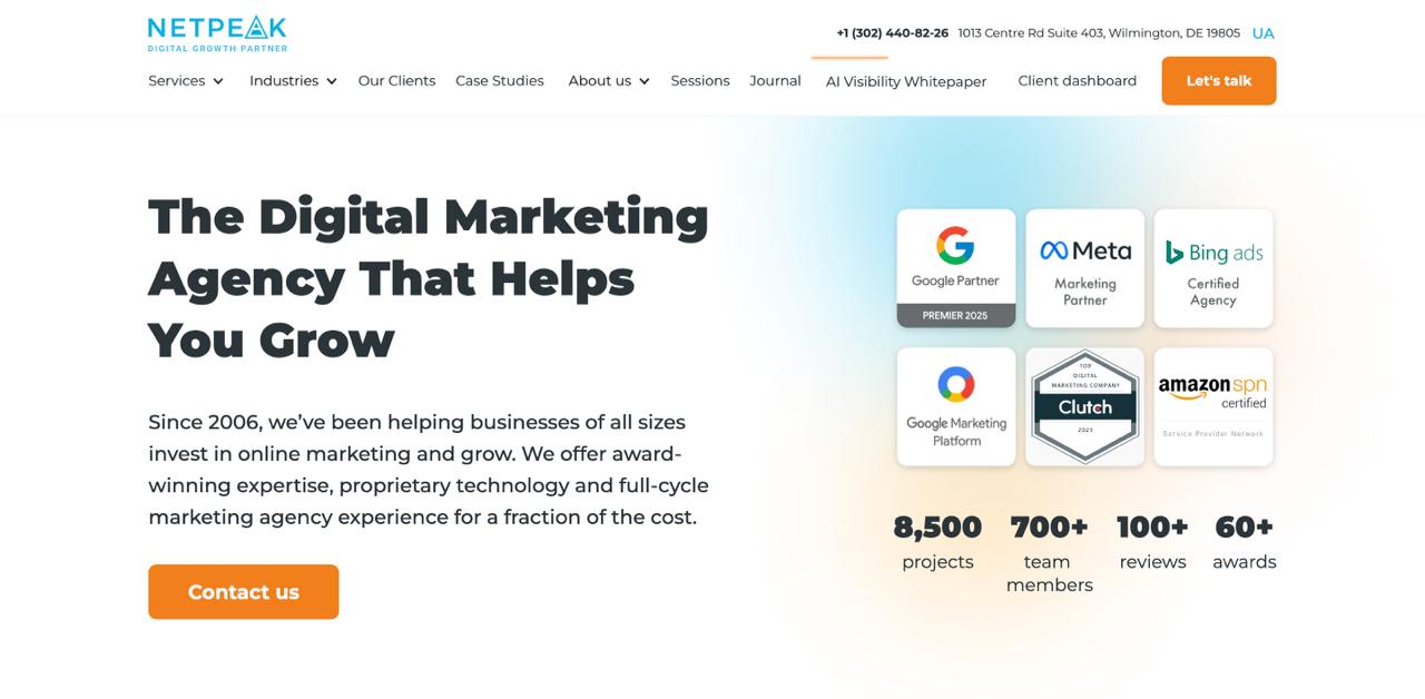 الصفحة الرئيسية لوكالة Netpeak Agency USA التي تعرض تحسين البحث التوليدي عبر ChatGPT وGemini وPerplexity