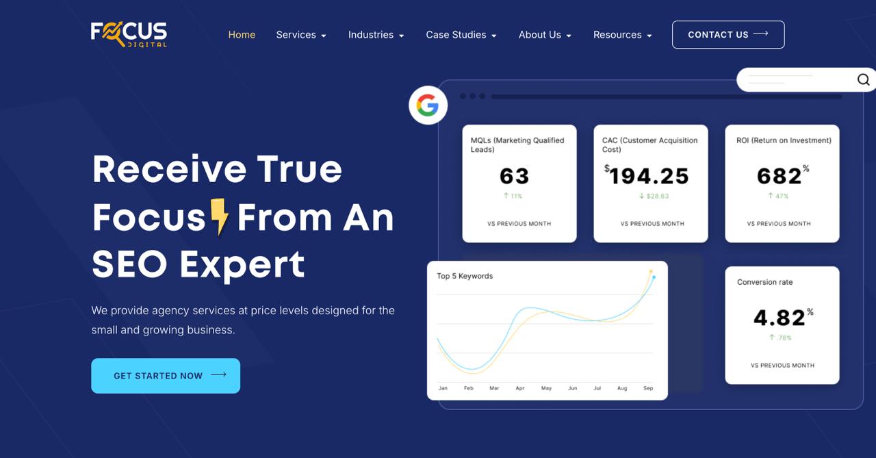 الصفحة الرئيسية لوكالة Focus Digital Agency التي تقدم تحسين محركات البحث وتحسين محركات البحث (SEO) والمحركات التوليدية لشركات الخدمات الاحترافية