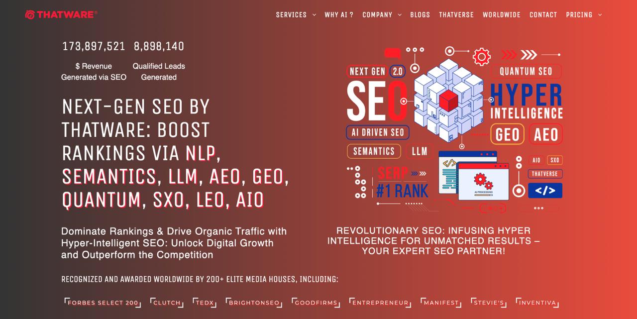 تعرض صفحة ThatWare الرئيسية التي تعرض خوارزميات الذكاء الاصطناعي المملوكة وحلول تحسين البحث التوليدي المتقدمة