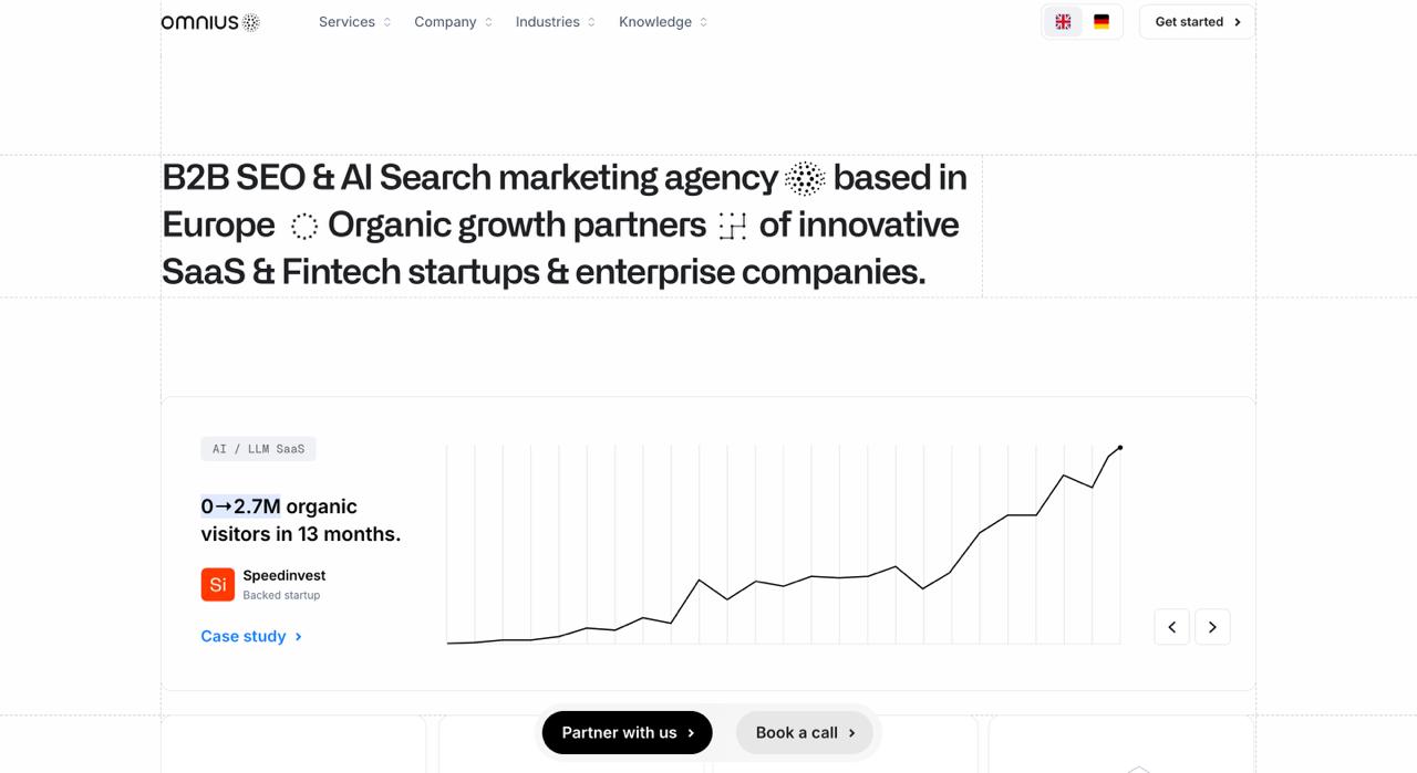 Omnius 主页介绍 B2B SaaS 和金融科技 AI SEO 服务,其特色是用于生成式搜索的专有 AtomicAGI 跟踪软件
