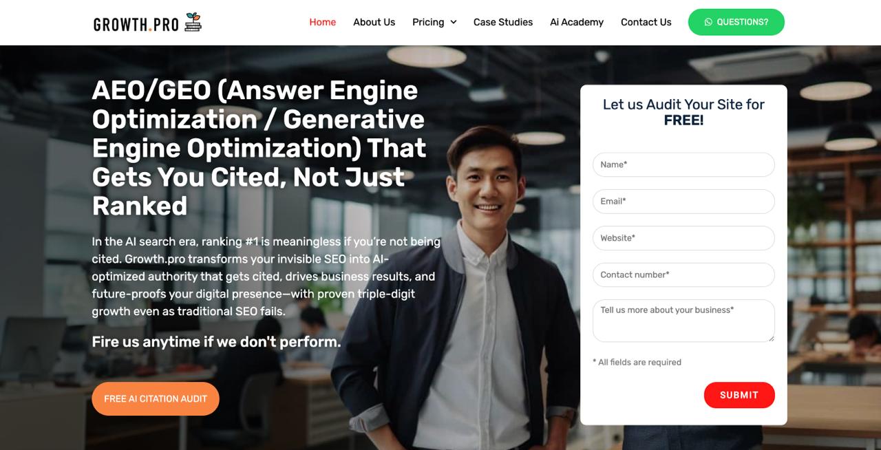 Growth.pro 主页展示零点击收入恢复系统和面向企业品牌的人工智能引用工程方法论