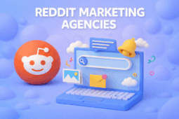 Soft 3D illustration of Reddit marketing agencies featuring the Reddit logo, a blue laptop with marketing icons, rounded background shapes, and bold headline text.