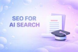 Soft 3D illustration with documents and a graduation cap on the right, floating abstract shapes, and blue-to-purple gradient background, representing SEO strategies for AI-powered search.