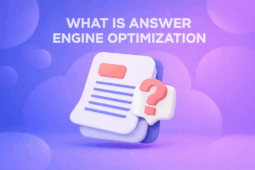Soft 3D illustration with rounded shapes showing documents and a question mark on a blue-purple gradient background, titled “What Is Answer Engine Optimization.”