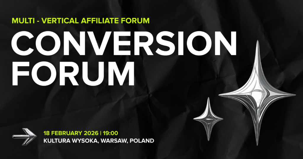 Bannière du Conversion Forum Warsaw 2026 - événement de réseautage multi-vertical pour les affiliés le 18 février à Kultura Wysoka, Pologne.