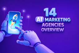 Soft 3D illustration of robotic hands holding a smartphone on a purple background with bold 3D text reading “14 AI Marketing Agencies Overview” in a blue and purple tech-style design