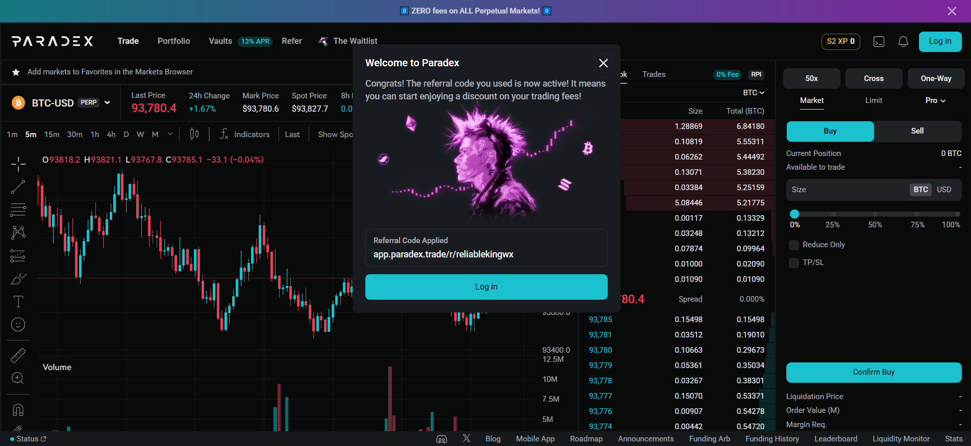 L'écran de bienvenue de Paradex montre que le code de parrainage reliablekingwx_ a été appliqué avec succès et que la réduction des frais de transaction a été confirmée.
