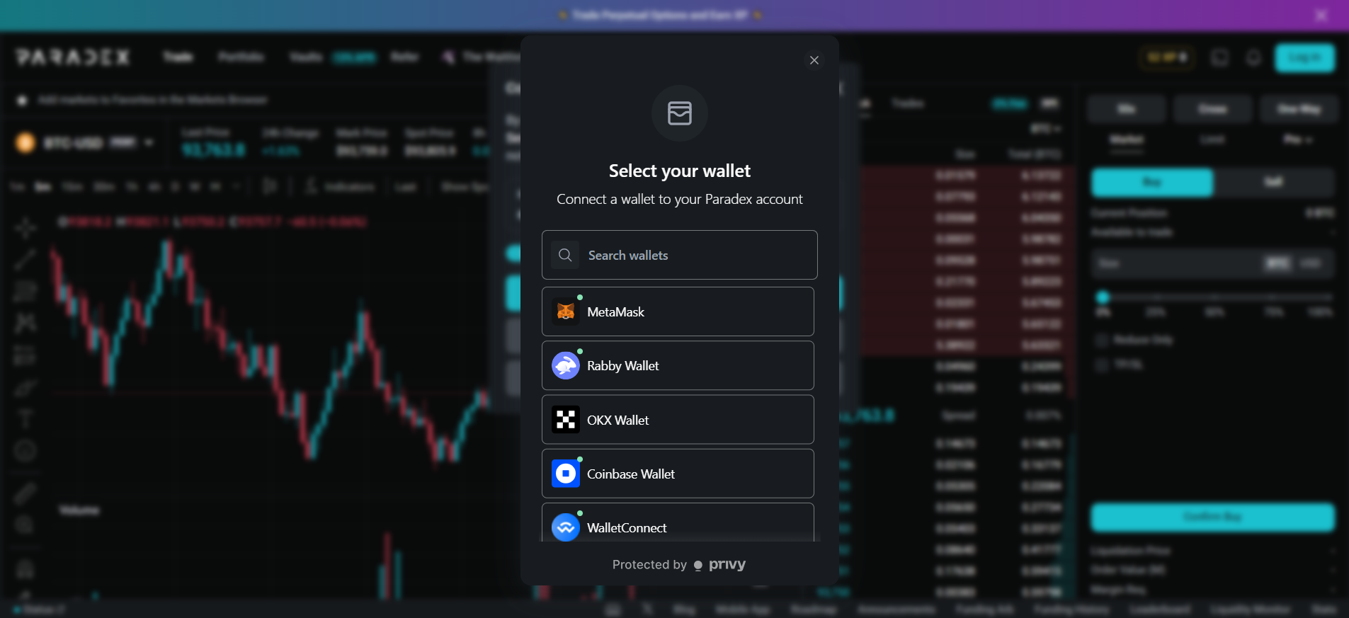 Écran de sélection du portefeuille Paradex avec les options MetaMask, Rabby, OKX, Coinbase Wallet et WalletConnect pour le trading DEX.