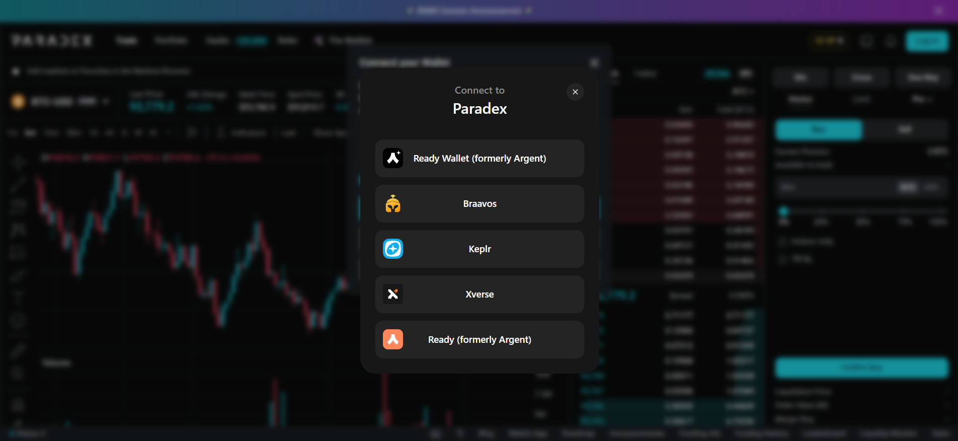 Connexion du portefeuille Paradex Starknet montrant les options Ready Wallet Argent, Braavos, Keplr et Xverse pour les échanges en L2.