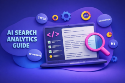 3D illustration of a laptop with code and a magnifying glass, blue-purple tech style, titled AI Search Analytics Guide.