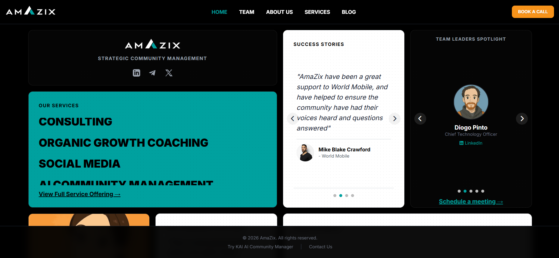 AmaZix strategic community management homepage featuring AI community tools, consulting services, and client testimonial from World Mobile.