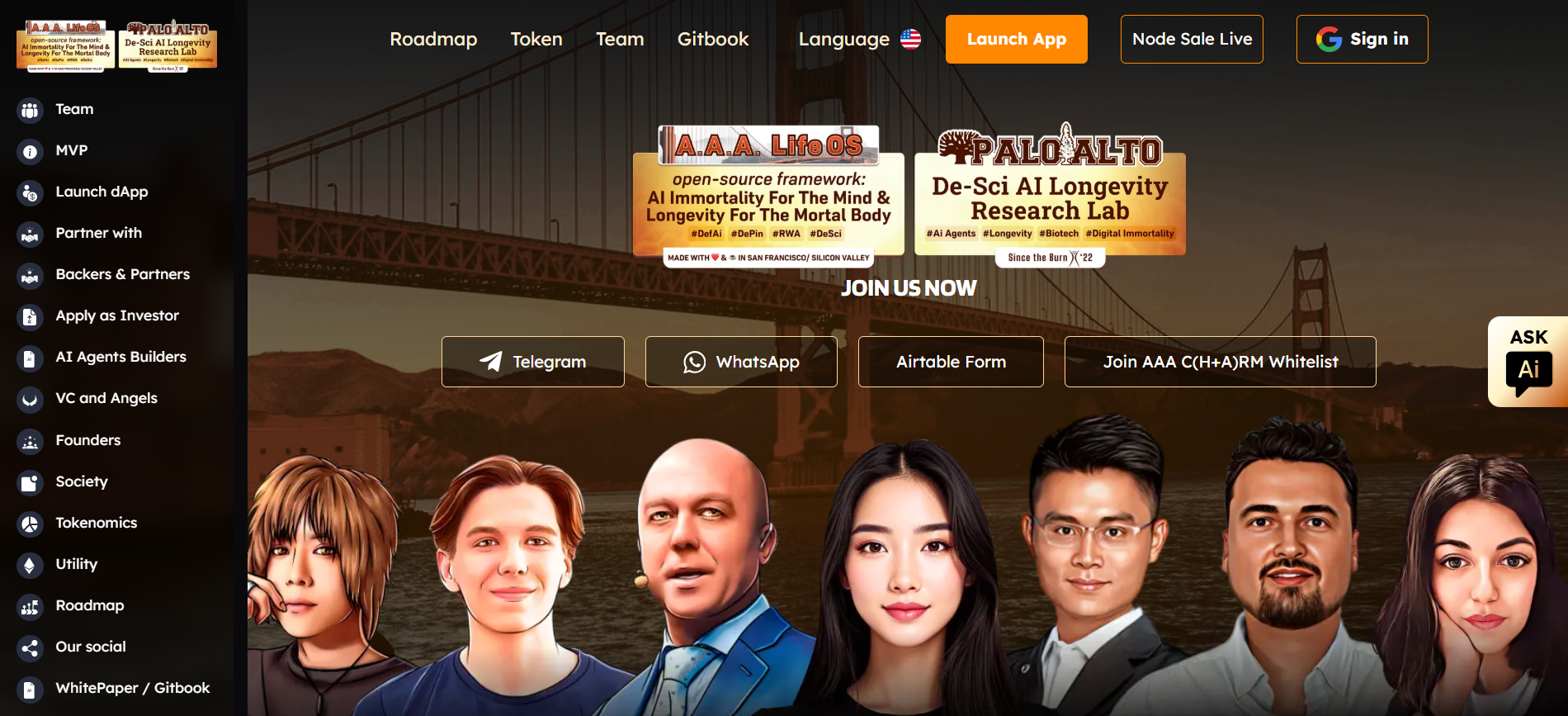 AAA Pad Silicon Valley AI agent launchpad homepage featuring team avatars and C(H+A)RM platform for crypto presale January 2026.