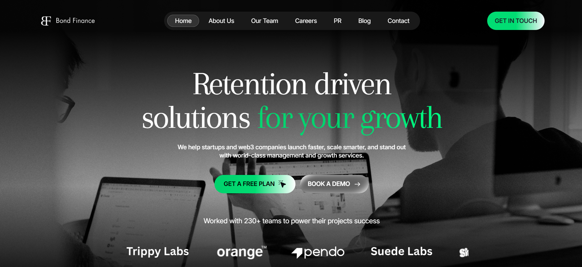 Bond Finance retention-driven full service marketing agency homepage showing 230 plus client partnerships.