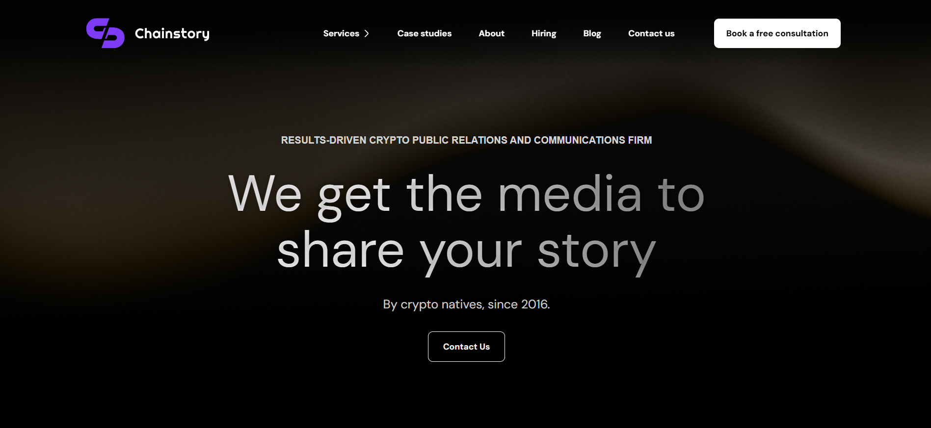 Chainstory crypto PR and communications firm homepage emphasizing media relations expertise for blockchain projects since 2016.