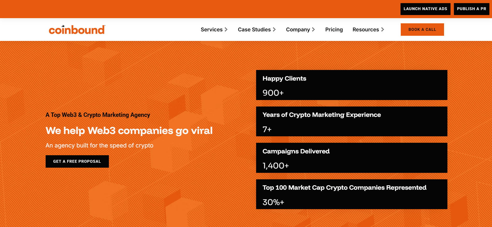 Coinbound 顶级加密货币营销机构主页，重点介绍 900 多家客户和 7 年多的 Web3 营销经验。
