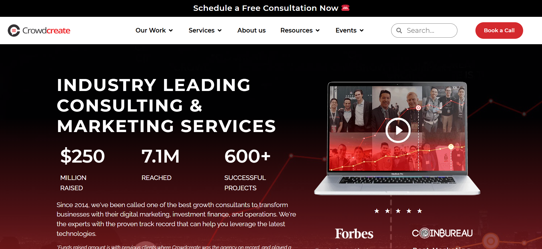 Crowdcreate 加密货币营销机构主页展示了 2.5 亿美元的融资和 600 多个成功的区块链项目。