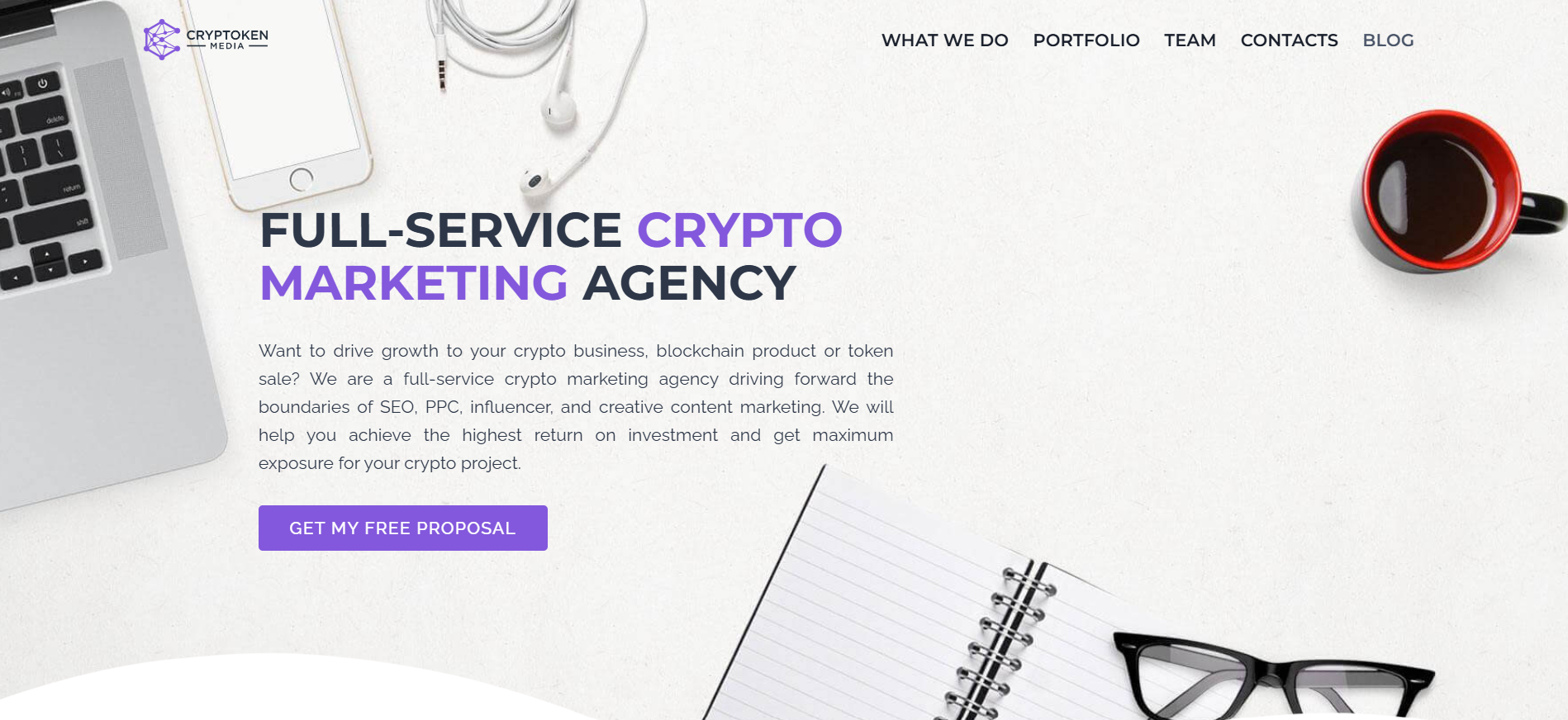 Cryptoken Media full-service crypto marketing agency homepage featuring PPC influencer and SEO services for blockchain brands.