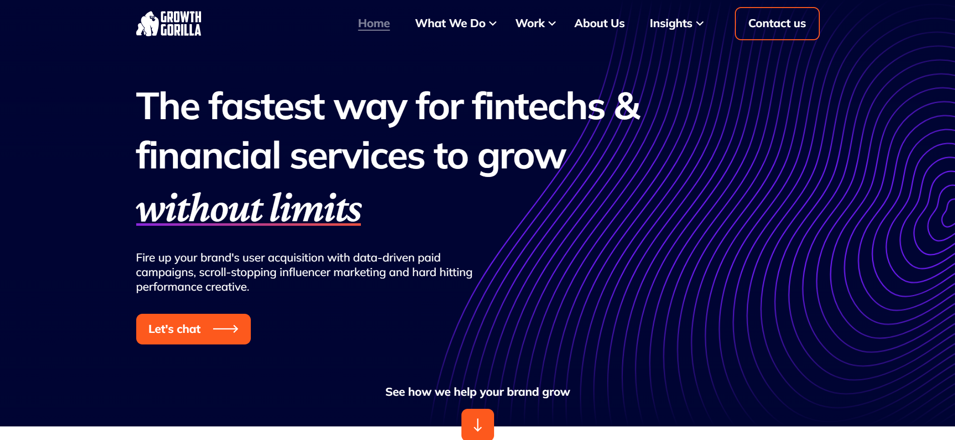 Growth Gorilla fintech-first PPC agency homepage offering data-driven paid advertising and influencer marketing services.