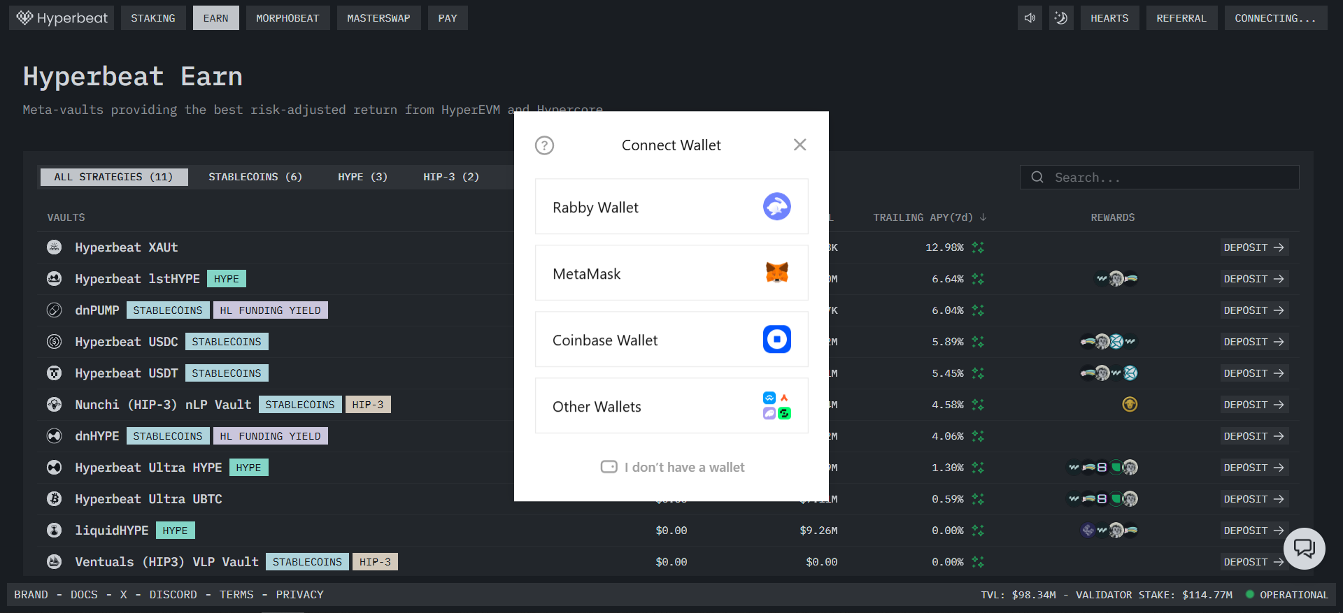 Hyperbeat Wallet-Verbindungsmodal mit den Optionen MetaMask, Rabby und Coinbase Wallet für den HyperEVM DeFi Zugang.