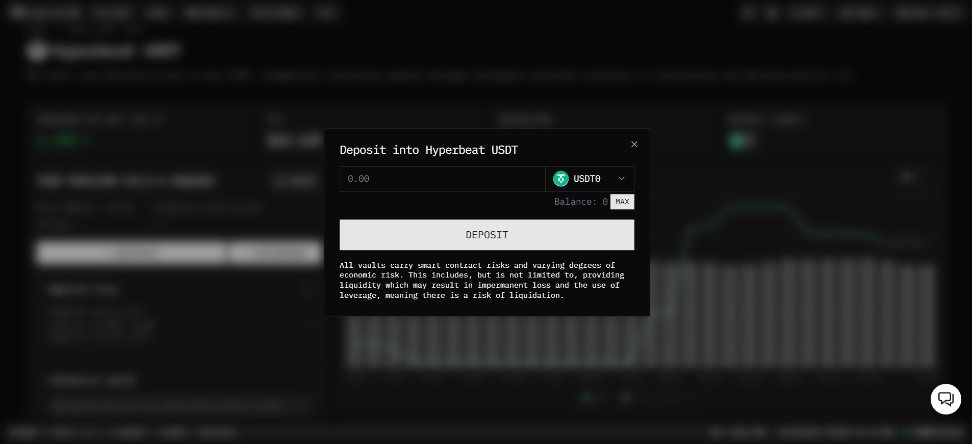 Hyperbeat Tresor-Einzahlungsschnittstelle für USDT Stablecoin Rendite-Farming mit Smart Contract Risiko-Offenlegung.