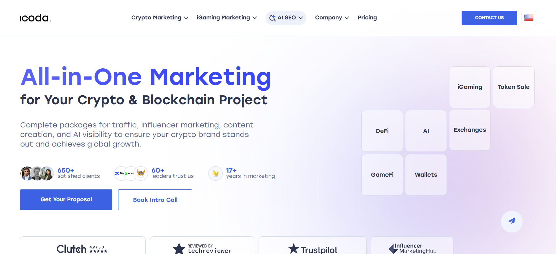 ICODA all-in-one full service marketing agency for crypto and blockchain with 650 satisfied clients.