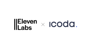 A minimalist collaboration graphic featuring the ElevenLabs logo and the ICODA logo side-by-side, separated by a black 