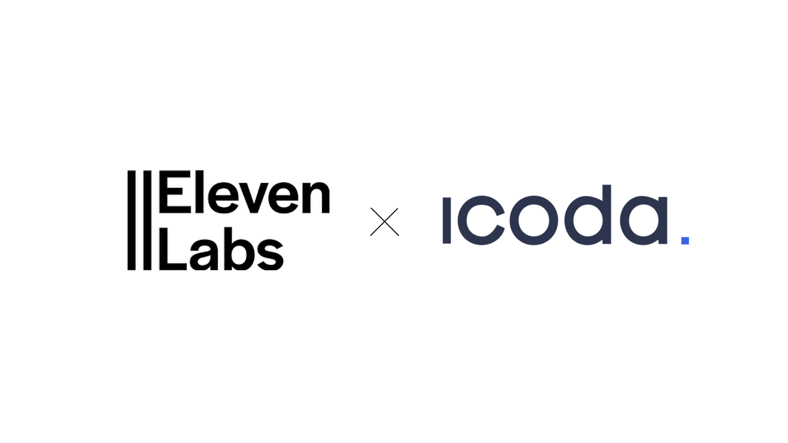 这是一个极简的合作图案，ElevenLabs 的标志和 ICODA 的标志并列在一起，在干净的白色背景上用一个黑色的 