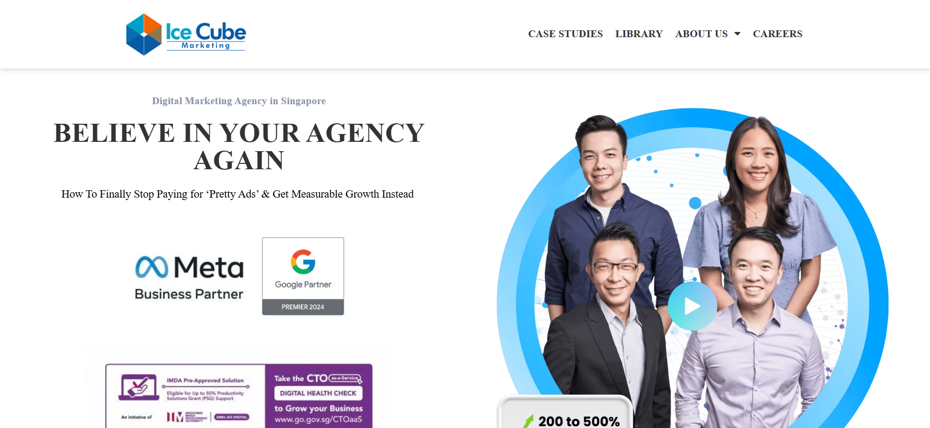 Ice Cube Marketing Singapore digital agency homepage with Google Premier Partner and Meta Business Partner PPC services.
