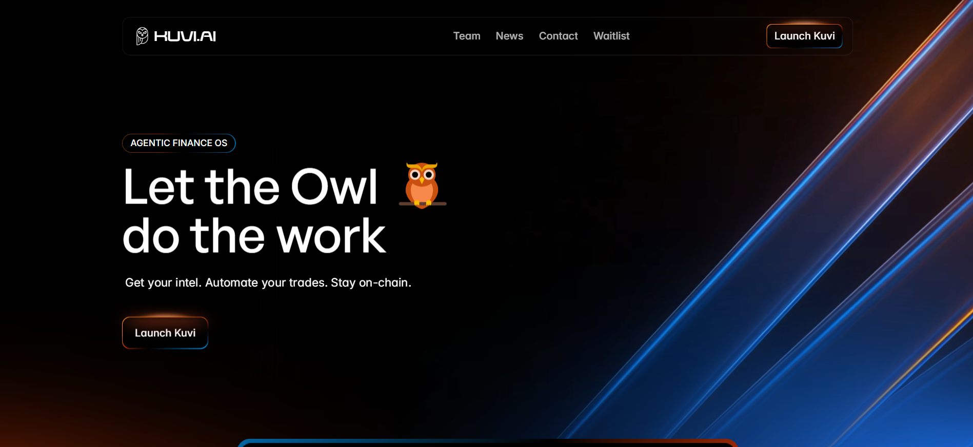KUVI Agentic Finance OS homepage with Owl AI interface for automated DeFi trading and text-to-trade crypto presale.